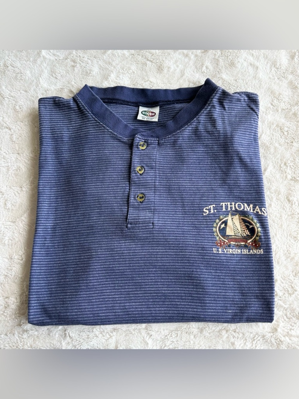 Vintage St Thomas Shirt Tee Mens Large Navy Virgin Islands Henley Striped Boat